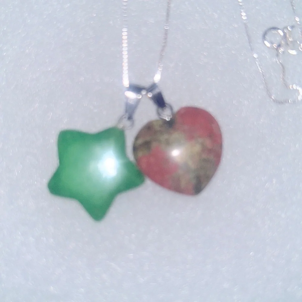 Jade Star and Unakite Heart sterling silver 16” necklace